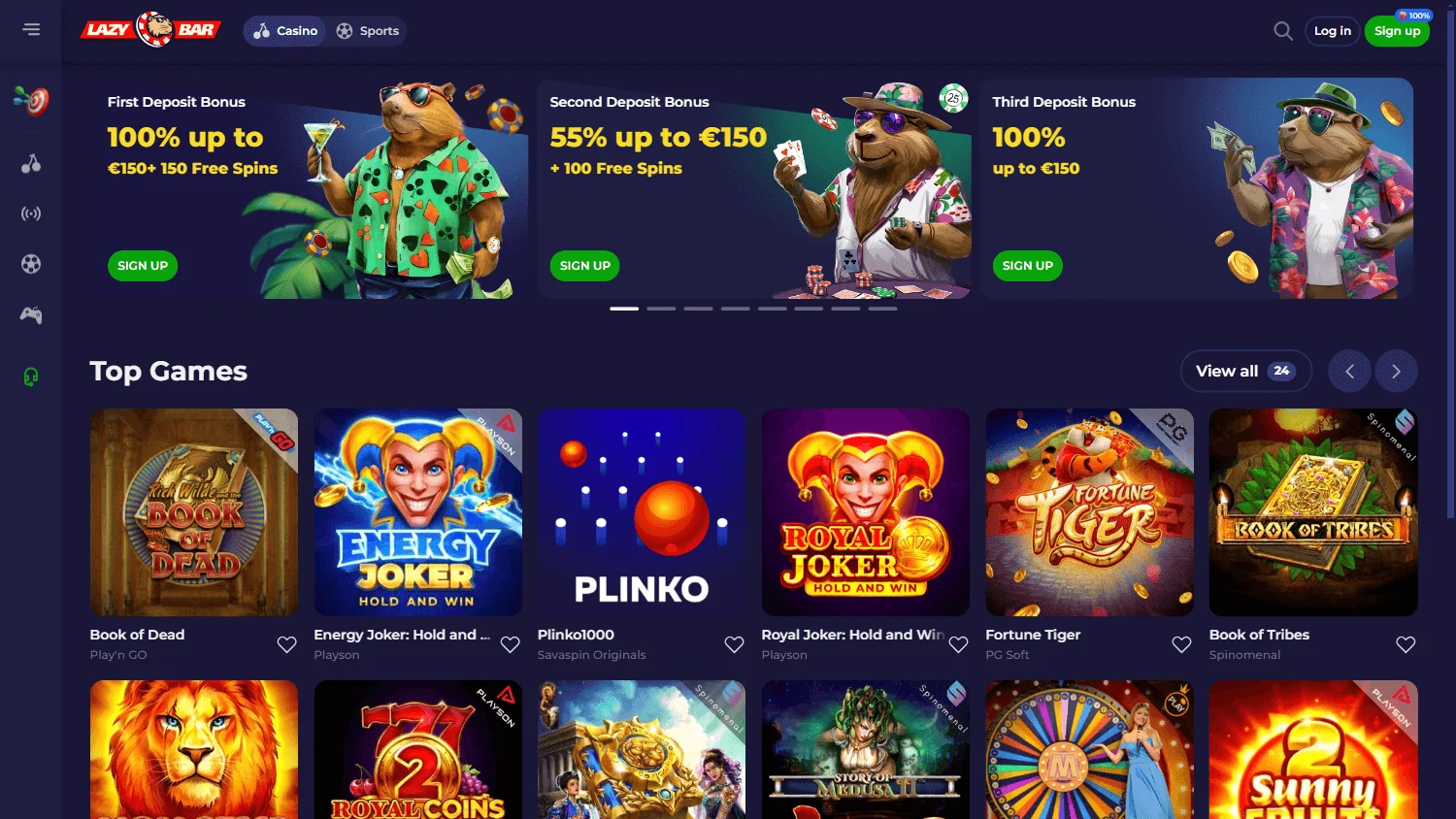Lazybar Casino home screen on desktop